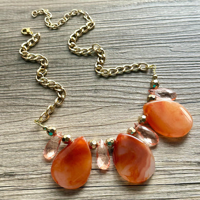 Natural carnelian Beaded 1 strand Statement Necklace, Chunky Bib double Jewelry Light orange stone jewelry, gemstone layering red cream gold