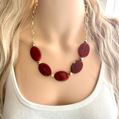 GemStone Chunky Statement Necklace, maroon agate slice necklace, gold gem jewelry, beaded necklace, agate jewelry pendant dark red