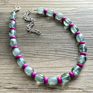 Purple & Green Shimmer Single Strand Beaded Statement Necklace, forest beaded necklace, purple bridesmaid jewelry layering magenta resin