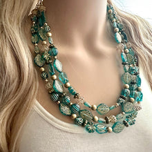 Load image into Gallery viewer, Turquoise Blue &amp; Gold Beaded statement necklace, 3 strand bead jewelry, green teal geometric light blue winter bib chunky necklace metallic