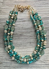 Load image into Gallery viewer, Turquoise Blue &amp; Gold Beaded statement necklace, 3 strand bead jewelry, green teal geometric light blue winter bib chunky necklace metallic