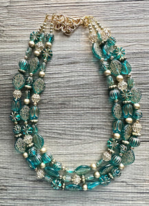 Turquoise Blue & Gold Beaded statement necklace, 3 strand bead jewelry, green teal geometric light blue winter bib chunky necklace metallic