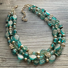 Load image into Gallery viewer, Turquoise Blue &amp; Gold Beaded statement necklace, 3 strand bead jewelry, green teal geometric light blue winter bib chunky necklace metallic