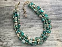 Load image into Gallery viewer, Turquoise Blue &amp; Gold Beaded statement necklace, 3 strand bead jewelry, green teal geometric light blue winter bib chunky necklace metallic