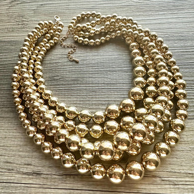 Five Strand Mirror Gold chunky statement necklace, big beaded jewelry, gifts for women, bib jewelry Multi-Strand necklace beaded earrings