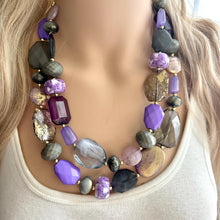 Load image into Gallery viewer, Gold Drenched Midnight Necklace, Gray Purple Beaded Jewelry, Statement Chunky Bib Silver, Thick beaded necklace, Jewel tone necklace