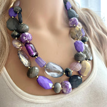 Load image into Gallery viewer, Gold Drenched Midnight Necklace, Gray Purple Beaded Jewelry, Statement Chunky Bib Silver, Thick beaded necklace, Jewel tone necklace