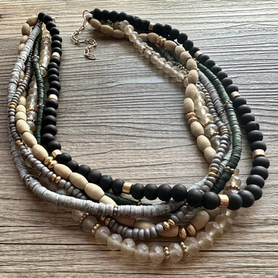 Gold & Neutral statement necklace, chunky bib beaded jewelry 6 strand tan necklace, wood multi strand wood, Traveler Collection metallic