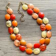 Load image into Gallery viewer, Crisp Harvest Statement Necklace, fall colors Mustard Gold Necklace, 2 Strand Statement necklace, vintage tan brown chunky orange red