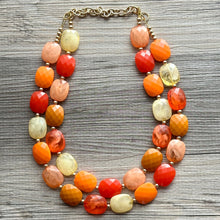 Load image into Gallery viewer, Crisp Harvest Statement Necklace, fall colors Mustard Gold Necklace, 2 Strand Statement necklace, vintage tan brown chunky orange red