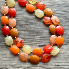 Load image into Gallery viewer, Crisp Harvest Statement Necklace, fall colors Mustard Gold Necklace, 2 Strand Statement necklace, vintage tan brown chunky orange red