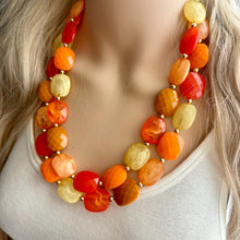 Load image into Gallery viewer, Crisp Harvest Statement Necklace, fall colors Mustard Gold Necklace, 2 Strand Statement necklace, vintage tan brown chunky orange red