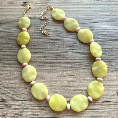 Lemon Lime Chunky Stone Statement Necklace, Big beaded jewelry, single Strand bib chunky Necklace, blush pink jewelry geometric gem