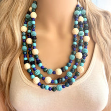 Load image into Gallery viewer, Blue Dream Baby Statement Necklace, chunky bib beaded jewelry, navy royal dark wood necklace, periwinkle acrylic gray silver aqua earrings