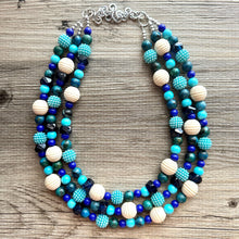 Load image into Gallery viewer, Blue Dream Baby Statement Necklace, chunky bib beaded jewelry, navy royal dark wood necklace, periwinkle acrylic gray silver aqua earrings