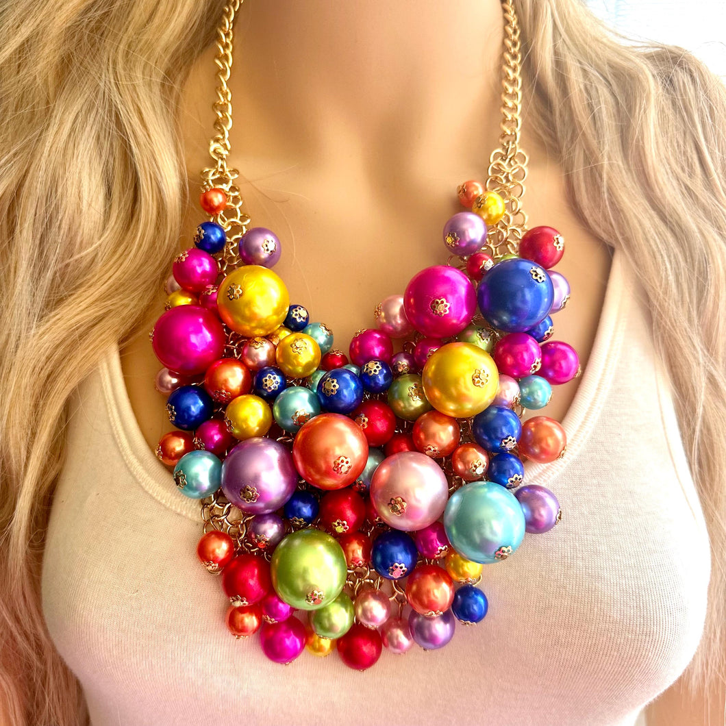 Big Balloon Rainbow Necklace, Chunky Statement Jewelry, Bib Necklace Pearl Bubble Beaded gold wedding bridesmaid large bib festival