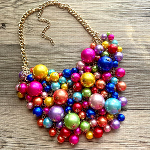 Big Balloon Rainbow Necklace, Chunky Statement Jewelry, Bib Necklace Pearl Bubble Beaded gold wedding bridesmaid large bib festival