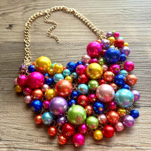 Load image into Gallery viewer, Big Balloon Rainbow Necklace, Chunky Statement Jewelry, Bib Necklace Pearl Bubble Beaded gold wedding bridesmaid large bib festival