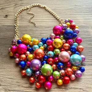 Big Balloon Rainbow Necklace, Chunky Statement Jewelry, Bib Necklace Pearl Bubble Beaded gold wedding bridesmaid large bib festival