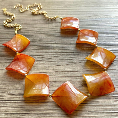 Long Tie Dye Clementine Statement Necklace Jewelry, Chunky Big Beaded 1 Strand Necklace, orange gold square diamond geometric bead