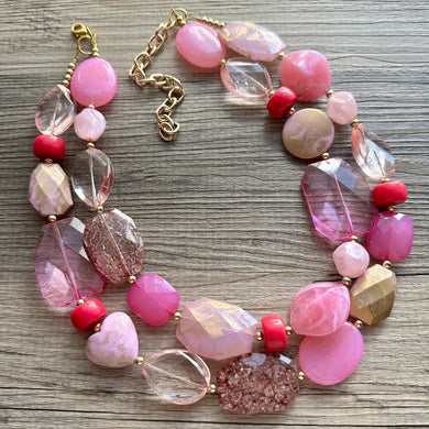 Blush Love Pink Necklace, multi strand jewelry, big beaded chunky statement Valentine, gold jewelry, bridesmaid bib wedding hot pink heart