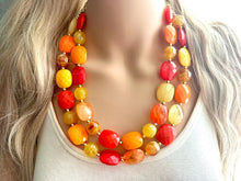 Load image into Gallery viewer, Cozy Fall Cardigan Statement Necklace, Red Yellow Orange, 2 Strand Statement Necklace, fall colors, chunky autumn necklace, beaded mustard