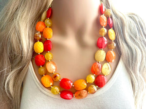 Cozy Fall Cardigan Statement Necklace, Red Yellow Orange, 2 Strand Statement Necklace, fall colors, chunky autumn necklace, beaded mustard