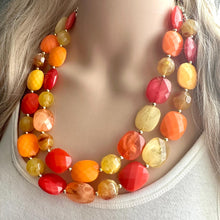 Load image into Gallery viewer, Cozy Fall Cardigan Statement Necklace, Red Yellow Orange, 2 Strand Statement Necklace, fall colors, chunky autumn necklace, beaded mustard