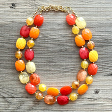 Load image into Gallery viewer, Cozy Fall Cardigan Statement Necklace, Red Yellow Orange, 2 Strand Statement Necklace, fall colors, chunky autumn necklace, beaded mustard