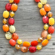 Load image into Gallery viewer, Cozy Fall Cardigan Statement Necklace, Red Yellow Orange, 2 Strand Statement Necklace, fall colors, chunky autumn necklace, beaded mustard