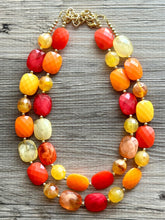 Load image into Gallery viewer, Cozy Fall Cardigan Statement Necklace, Red Yellow Orange, 2 Strand Statement Necklace, fall colors, chunky autumn necklace, beaded mustard