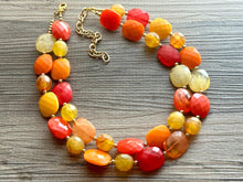 Load image into Gallery viewer, Cozy Fall Cardigan Statement Necklace, Red Yellow Orange, 2 Strand Statement Necklace, fall colors, chunky autumn necklace, beaded mustard