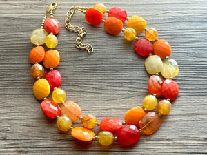 Cozy Fall Cardigan Statement Necklace, Red Yellow Orange, 2 Strand Statement Necklace, fall colors, chunky autumn necklace, beaded mustard