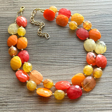 Load image into Gallery viewer, Cozy Fall Cardigan Statement Necklace, Red Yellow Orange, 2 Strand Statement Necklace, fall colors, chunky autumn necklace, beaded mustard