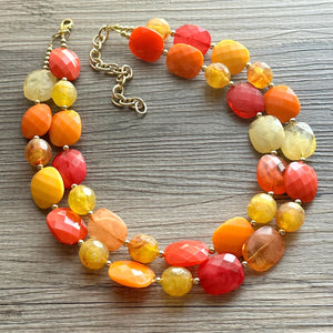 Cozy Fall Cardigan Statement Necklace, Red Yellow Orange, 2 Strand Statement Necklace, fall colors, chunky autumn necklace, beaded mustard