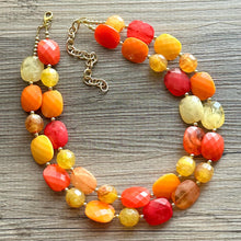 Load image into Gallery viewer, Cozy Fall Cardigan Statement Necklace, Red Yellow Orange, 2 Strand Statement Necklace, fall colors, chunky autumn necklace, beaded mustard