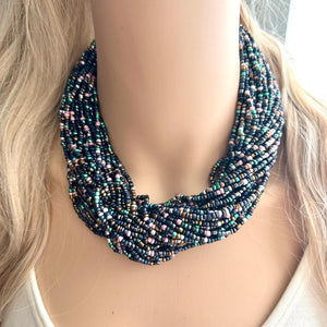 Beaded Rainbow Statement Necklace, 38 Strand Everyday bib Colorful Seed Bead, Silver Chain Bridesmaid Wedding jewelry navy green black pink