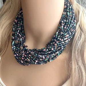 Beaded Rainbow Statement Necklace, 38 Strand Everyday bib Colorful Seed Bead, Silver Chain Bridesmaid Wedding jewelry navy green black pink