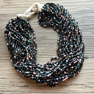 Beaded Rainbow Statement Necklace, 38 Strand Everyday bib Colorful Seed Bead, Silver Chain Bridesmaid Wedding jewelry navy green black pink