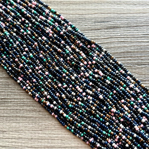 Beaded Rainbow Statement Necklace, 38 Strand Everyday bib Colorful Seed Bead, Silver Chain Bridesmaid Wedding jewelry navy green black pink