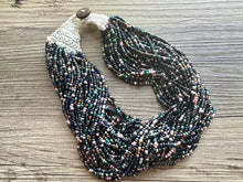 Load image into Gallery viewer, Beaded Rainbow Statement Necklace, 38 Strand Everyday bib Colorful Seed Bead, Silver Chain Bridesmaid Wedding jewelry navy green black pink