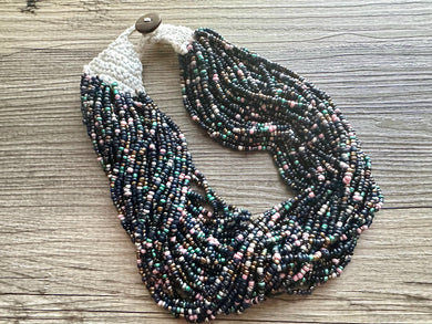 Beaded Rainbow Statement Necklace, 38 Strand Everyday bib Colorful Seed Bead, Silver Chain Bridesmaid Wedding jewelry navy green black pink