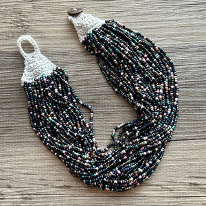 Beaded Rainbow Statement Necklace, 38 Strand Everyday bib Colorful Seed Bead, Silver Chain Bridesmaid Wedding jewelry navy green black pink