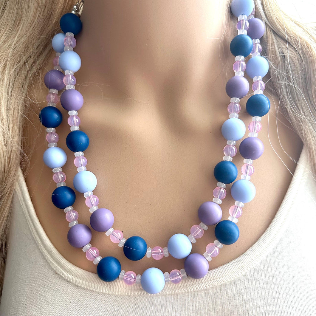 Jewel Water Ombré pink & Navy Cluster Necklace, purple turquoise Bridesmaid Jewelry, 2 double strand periwinkle dressy beaded statement bib