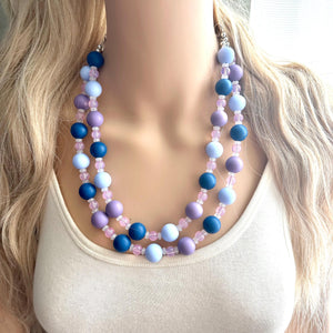 Jewel Water Ombré pink & Navy Cluster Necklace, purple turquoise Bridesmaid Jewelry, 2 double strand periwinkle dressy beaded statement bib