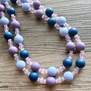 Jewel Water Ombré pink & Navy Cluster Necklace, purple turquoise Bridesmaid Jewelry, 2 double strand periwinkle dressy beaded statement bib