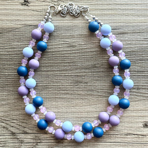 Jewel Water Ombré pink & Navy Cluster Necklace, purple turquoise Bridesmaid Jewelry, 2 double strand periwinkle dressy beaded statement bib