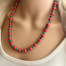 Load image into Gallery viewer, Watermelon Gemstone Necklace, Red Pink &amp; Green Chunky Statement Necklace, single strand beaded coral jewelry, multi color bib gem