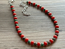 Load image into Gallery viewer, Watermelon Gemstone Necklace, Red Pink &amp; Green Chunky Statement Necklace, single strand beaded coral jewelry, multi color bib gem