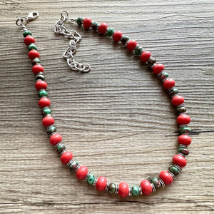 Watermelon Gemstone Necklace, Red Pink & Green Chunky Statement Necklace, single strand beaded coral jewelry, multi color bib gem